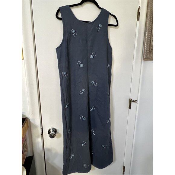 VTG Jane Ashley Y2K Sheath Dress Small Blue Floral Embroidered Linen Cotton - Picture 7 of 9